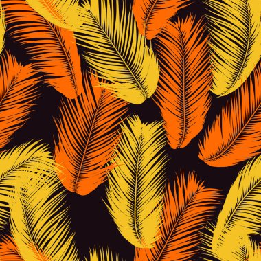 Tüyler Seamless modeli. Tropikal arka plan. Orman yeşillik Pastel renk tasarımı. Palm ile soyut egzotik duvar kağıdı bırakır. Tasarım, tekstil kumaş, kumaş için pembe tüyler. Eps10 vektör.