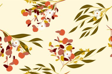 Tropikal Seamless modeli. Vektör Okaliptüs yaprakları ve güzel çiçek öğeleri. Botanik yaz arka plan. Zarif tropikal Seamless modeli düğün tasarım, baskı, tekstil, kumaş, ambalaj için.