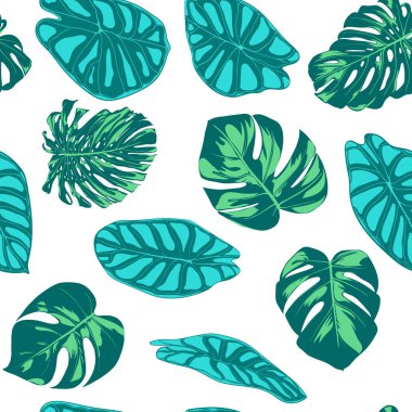 Sorunsuz vektör tropikal desen. Monstera palmiye yaprakları ve Alocasia. Suluboya etkisi ile orman yeşillik. Egzotik Hawaiian Tekstil tasarımı. Sorunsuz tropikal arka plan için kumaş, elbise, kağıt, baskı