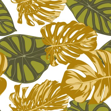 Sorunsuz elle çizilmiş botanik egzotik desenle bitkiyi ve Alocasia bırakır. Vektör orman bitki örtüsü suluboya tarzında. Tekstil, kumaş, kumaş, kağıt için sorunsuz Tropic yaprak arka plan.