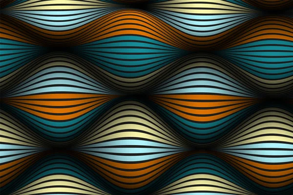 Superficie rayada distorsionada. Líneas onduladas y malla de gradiente. Fondo abstracto de moda. Plantilla futurista con efecto de volumen y movimiento. Flujo. Abstracción ondulada 3D con distorsión de las líneas vectoriales . — Vector de stock