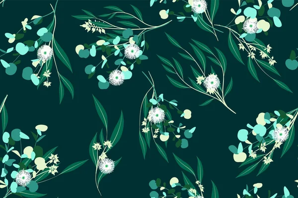 Eucalyptus Vector Seamless Pattern with Leaves, Branches and Floral Elements. Elégant fond mignon pour la conception de mariage rustique, tissu, textile, robe. Eucalyptus vecteur dans le style vintage pour imprimer . — Image vectorielle