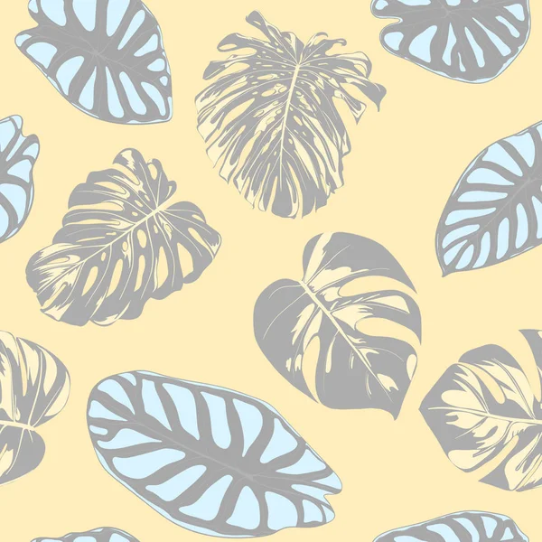 Nahtloses Vektormuster in pastellfarbenem Design. Monstera Palmblätter und alocasia. Dschungel Laub mit Aquarell-Effekt. exotisches hawaiianisches Stoffdesign. nahtloser tropischer Hintergrund zum Drucken — Stockvektor