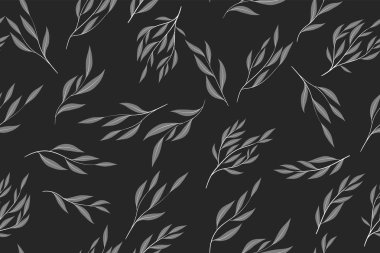 Okaliptüs vektör. Tek renkli Dikişsiz desen vektör yaprak, dal ve çiçek öğe ile. Rustik düğün tasarım, kumaş, tekstil, zarif arka plan elbise. Okaliptüs vektör Vintage tarzı