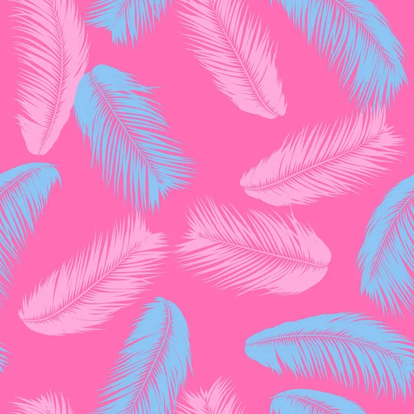 羽のシームレスなパターン。熱帯の背景。パステル カラー デザインでジャングルの葉。手のひらで抽象的なエキゾチックな壁紙を残します。デザイン、布、ファブリック、繊維のピンクの羽。Eps10 ベクトル. — ストックベクタ