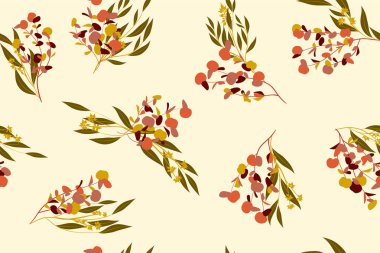 Tropikal Seamless modeli. Vektör Okaliptüs yaprakları ve güzel çiçek öğeleri. Botanik yaz arka plan. Zarif tropikal Seamless modeli düğün tasarım, baskı, tekstil, kumaş, ambalaj için.