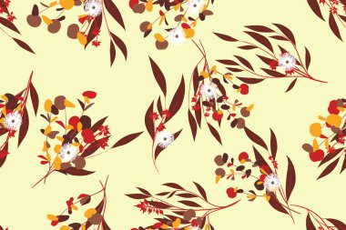 Okaliptüs yaprakları ile sonbahar Seamless modeli. Yeşillik doğal dalları. Dekoratif arka planda Vintage tarzı. Kumaş, tekstil, ambalaj kağıdı, bez, elbise, sorunsuz okaliptüs Desenini Yazdır.