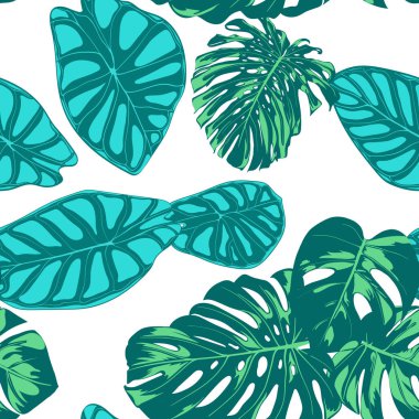 Sorunsuz vektör tropikal desen. Monstera palmiye yaprakları ve Alocasia. Suluboya etkisi ile orman yeşillik. Egzotik Hawaiian Tekstil tasarımı. Sorunsuz tropikal arka plan için kumaş, elbise, kağıt, baskı