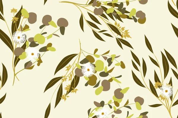 Modèle sans couture d'automne avec feuilles d'eucalyptus. Feuillage Branches naturelles. Arrière-plan décoratif en style vintage. Modèle d'eucalyptus sans couture pour tissu, textile, papier d'emballage, tissu, robe, impression . — Image vectorielle