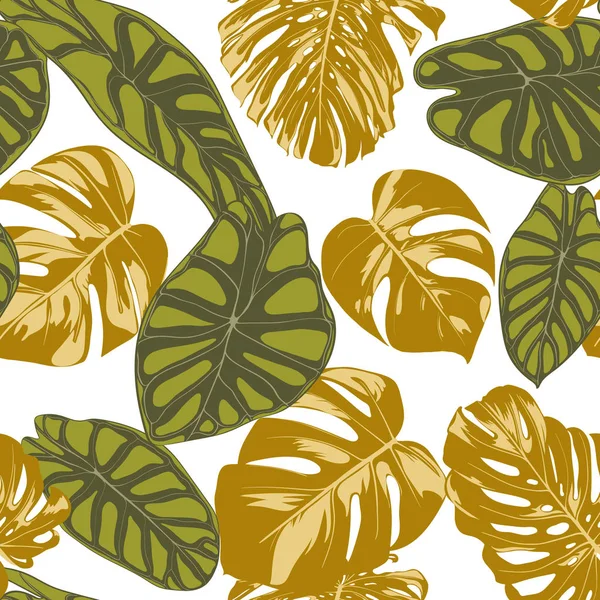 Seamless Hand Drawn Botanical Exotic Pattern with Philodendron and Alocasia Leaves. Vector Jungle Foliage in Watercolor Style. Seamless Tropic Leaf Background for Textile, Cloth, Fabric, Paper. — Stock Vector