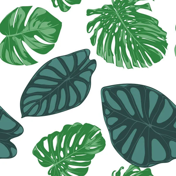 Sömlös handritad botaniska exotiska mönster med Philodendron och Alocasia lämnar. Vector djungel bladverk i akvarell stil. Sömlös Tropic löv bakgrund för textil, tyg, tyg, papper. — Stock vektor