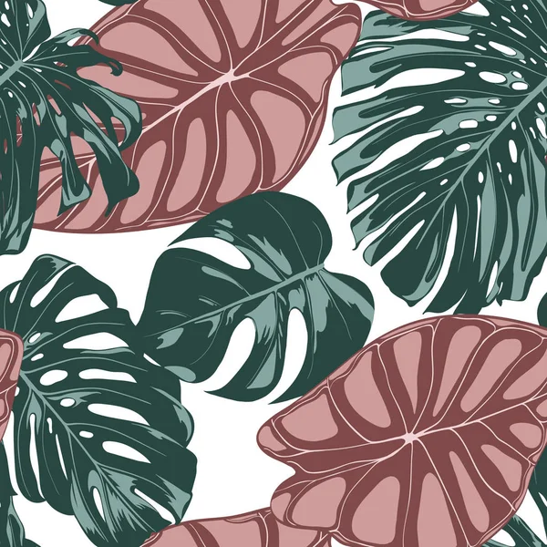 Folhas da selva tropical. Padrão sem costura vetorial. Philodendron ou Monstera planta repetindo fundo para têxteis, papel de parede, decoração de verão. Padrão sem costura floral com Alocasia e Folha de Monstera . — Vetor de Stock