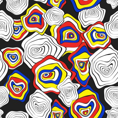 Elle çizilmiş dalgalı daireler. Etnik tarzda arka plan sorunsuz. Vektör deforme mermi ile Psychedelic desen. Dalga Dikişsiz desen kumaş, tekstil, kumaş tasarımı için. Bozulma, noktalar.