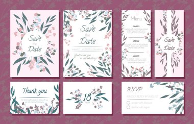 Wedding Card Templates Set with Eucalyptus Branch. Decorative Frames with Leaves, Floral and Herbs Garland. Menu, Rsvp, Label, Invitation with Nature Wreath. Vector Hand Drawn Wedding Cards Isolated. clipart