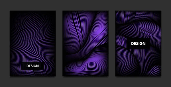 Acena. Geometria abstrata. Capa Design Templates Set com efeito 3d. Gradiente vibrante com linhas onduladas. Ilustração futurista roxa na moda com distorção. Onda vetorial para Brochura, Negócios, Cartaz . — Vetor de Stock