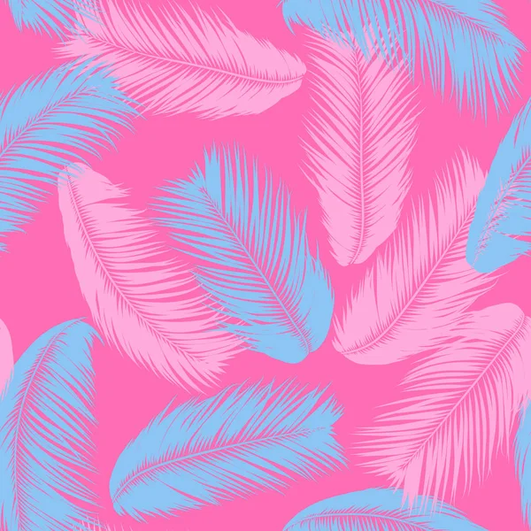 Feathers Seamless Pattern. Tropical Background. Jungle Foliage in Pastel Color Design. Abstract Exotic Wallpaper with Palm Leaves. Pink Feathers for Design, Cloth, Fabric, Textile. EPS10 Vector. — Stock Vector