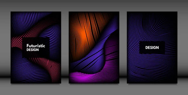 Abstract Wave Shapes. Cover Design Templates Set with Vibrant Gradient and Volume Effect in Futuristic Style. Vector Abstraction with Distorted Lines. Abstract Wavy Shapes for Cover, Magazine, Poster. — Stock Vector