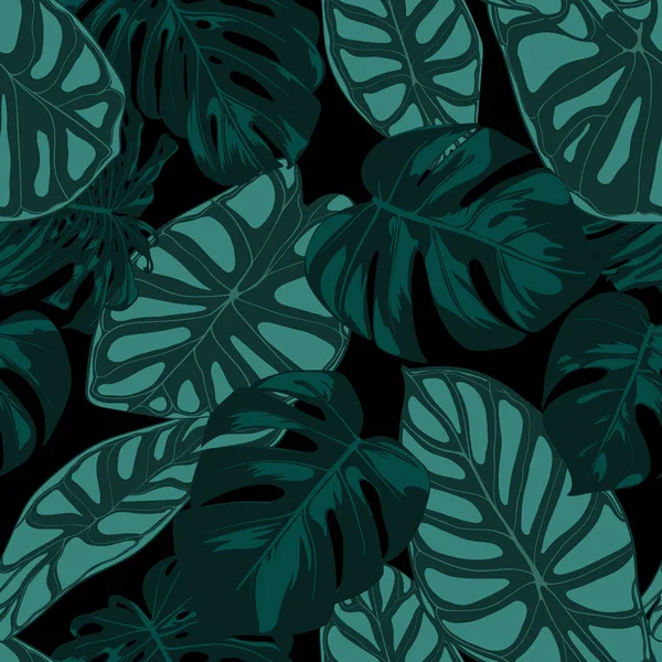 Vector Tropic Seamless Pattern. Philodendron and Alocasia Leaves. Hand Drawn Jungle Foliage in Watercolor Style. Exotic Background. Seamless Tropic Leaf for Textile, Cloth, Fabric, Decoration, Paper. — Stock Vector