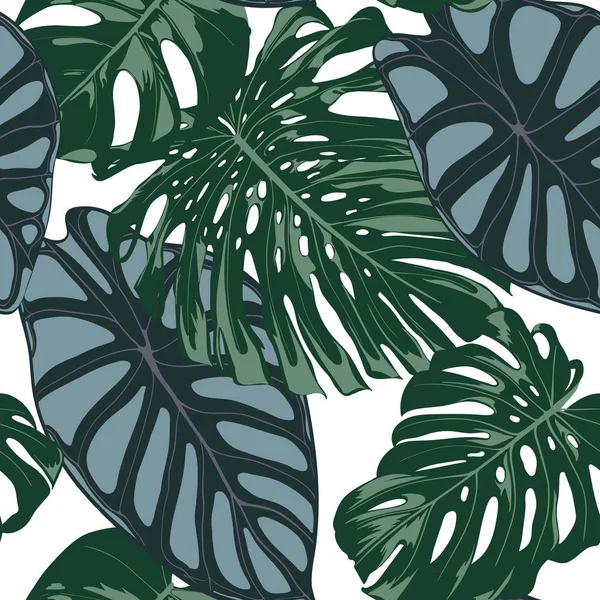 Vektor tropischen nahtlosen Muster. Philodendron und alocasia Blätter. Handgezeichnetes Dschungel-Laub im Aquarellstil. Exotischer Hintergrund. nahtloses tropisches Blatt für Textilien, Stoff, Dekoration, Papier. — Stockvektor