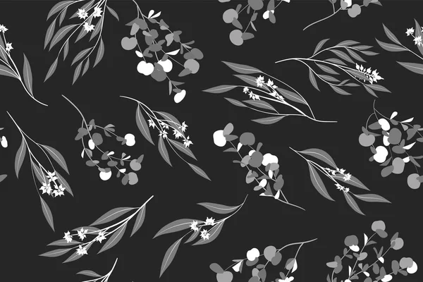 Вектор эвкалипта. Монохромный бесцветный платок с векторными листьями, ветвями и цветочным слоем. Элегантный фон для сельский свадебный дизайн, ткань, текстиль, платье. Вектор эвкалипта в винтажном стиле — стоковый вектор