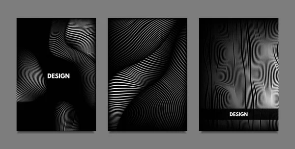 Verstoring van de lijnen. Abstracte achtergronden met levendige kleurovergang en golvende strepen. Monochroom Cover Sjablonen Set met Volume en Metallic Effect. Vervormde Shapes voor bedrijfspresentatie, Brochure. — Stockvector