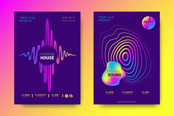 Αφίσες μουσικής με ισοσταθμιστή και κύμα πολύχρωμο παραμορφωμένες γραμμές. — Διανυσματικό Αρχείο