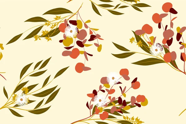 Tropikal Seamless modeli. Vektör Okaliptüs yaprakları ve güzel çiçek öğeleri. Botanik yaz arka plan. Zarif tropikal Seamless modeli düğün tasarım, baskı, tekstil, kumaş, ambalaj için.