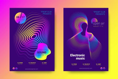 Müzik posterler ekolayzer ve dalga renkli çarpık çizgili.