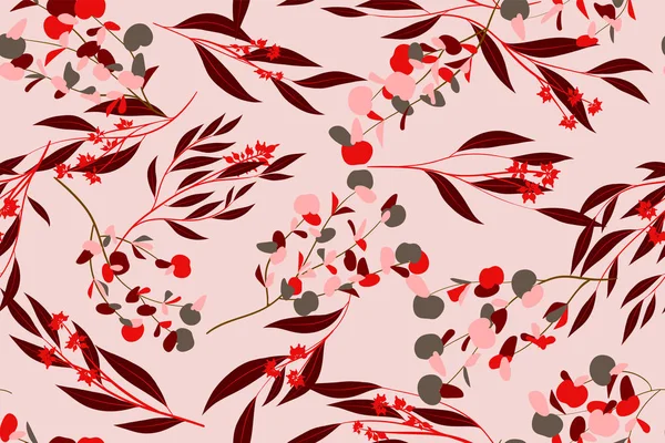 Modèle sans couture floral lumineux. Feuilles d'eucalyptus vectorielles et beaux éléments floraux. Fond botanique d'été coloré. Modèle sans couture floral pour la conception de mariage, impression, textile, tissu, papier — Image vectorielle