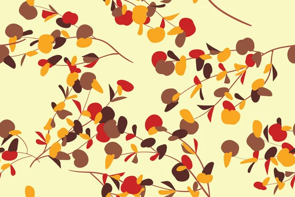 ユーカリの葉と秋のシームレスなパターン。紅葉自然な枝。ビンテージ スタイルの装飾的な背景は。布、繊維、包装紙、布、ドレスのシームレスなユーカリ パターン印刷します。. — ストックベクタ