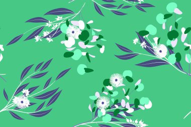 Tropikal Seamless modeli. Vektör Okaliptüs yaprakları ve güzel çiçek öğeleri. Botanik yaz arka plan. Zarif tropikal Seamless modeli düğün tasarım, baskı, tekstil, kumaş, ambalaj için.