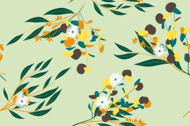 Parlak çiçek Seamless modeli. Vektör Okaliptüs yaprakları ve güzel öğeleri. Renkli botanik yaz arka plan. Düğün tasarım, baskı, tekstil, kumaş, kağıt çiçek Seamless modeli