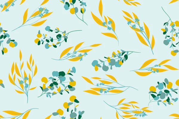 Patrón sin costura floral en el diseño de color pastel. Vector Eucalyptus Leaves and Beautiful Blossom Elements. Fondo Botánico de Verano. Patrón sin costura floral para el diseño de la boda, impresión, textil, tela — Vector de stock