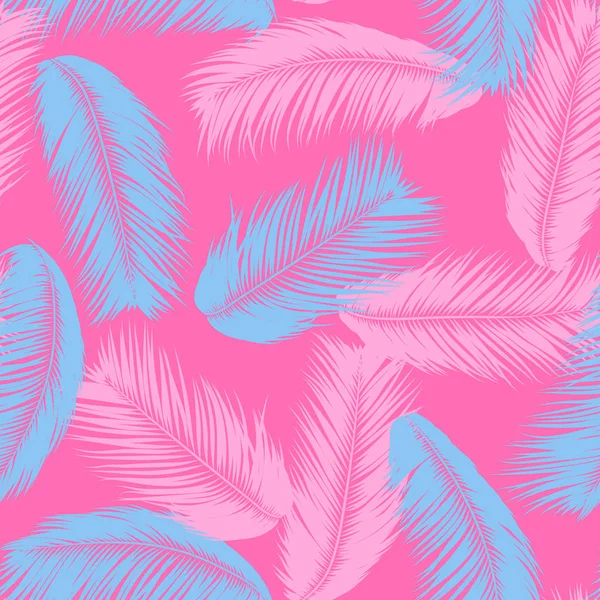 Feathers Seamless Pattern. Tropical Background. Jungle Foliage in Pastel Color Design. Abstract Exotic Wallpaper with Palm Leaves. Pink Feathers for Design, Cloth, Fabric, Textile. EPS10 Vector. — Stock Vector