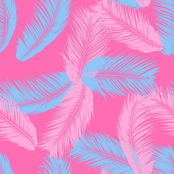 Feathers Seamless Pattern. Tropical Background. Jungle Foliage in Pastel Color Design. Abstract Exotic Wallpaper with Palm Leaves. Pink Feathers for Design, Cloth, Fabric, Textile. EPS10 Vector. — Stock Vector