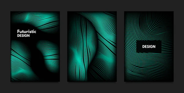 Vervorming van golvende lijnen. Turquoise abstracte achtergronden met levendige verloop. Beweging en Volume Effect. Futuristische Cover sjablonen instellen voor de presentatie, Poster, Brochure. Vervorming van de 3D-vormen. — Stockvector