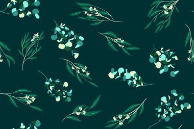 Okaliptüs vektör yaprak, dal ve çiçek öğeleri ile Seamless modeli. Rustik düğün tasarım, kumaş, tekstil, zarif şirin arka plan elbise. Okaliptüs vektör yazdırma için Vintage tarzı.