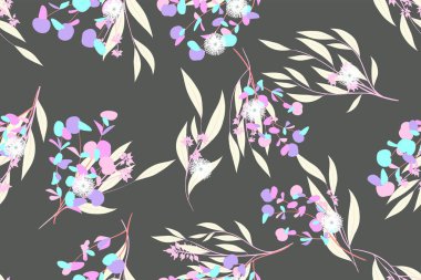 Okaliptüs vektör. Renkli Dikişsiz desen vektör yaprak, dal ve çiçek öğeleri ile. Düğün tasarım, kumaş, tekstil, zarif arka plan elbise. Okaliptüs vektör Pastel renk tasarımı.