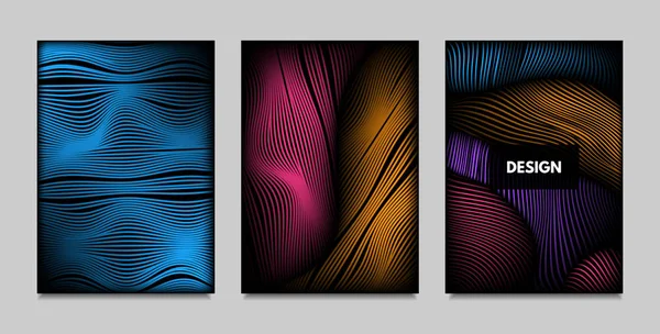 Geometry. Abstract Background Set With Movement and Volume Effect. Covers with Vibrant Gradient and Wavy Lines. Trendy Futuristic Illustration with Distort. Abstract Geometry for Brochure, Business. — Stock Vector