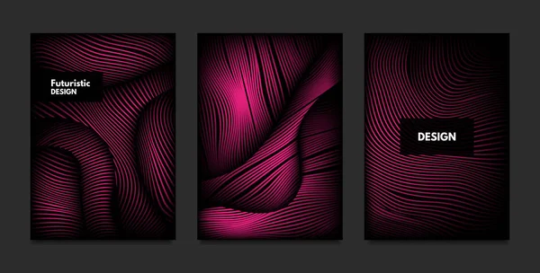 波。抽象几何。封面设计模板集3d 效果。带波浪线的充满活力的渐变。时髦的粉红色现代插图与失真。媒介波浪为小册子、企业、海报、书. — 图库矢量图片