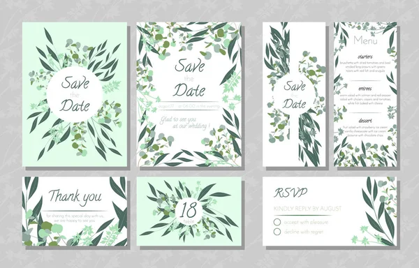 Biglietti da sposa con eucalipto . — Vettoriale Stock