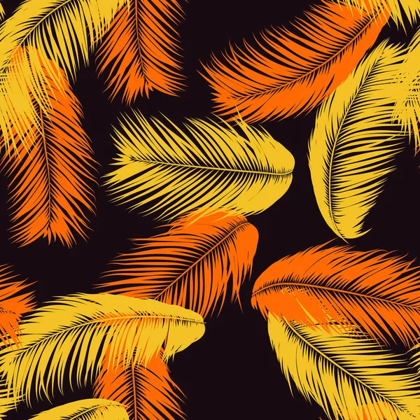 깃털 완벽 한 패턴입니다. 열 대의 배경입니다. 파스텔 컬러 디자인 정글 단풍입니다. 손바닥으로 추상 이국적인 벽지 나뭇잎. 디자인, 옷감, 직물, 섬유에 대 한의 분홍색 깃털 Eps10 벡터. — 스톡 벡터
