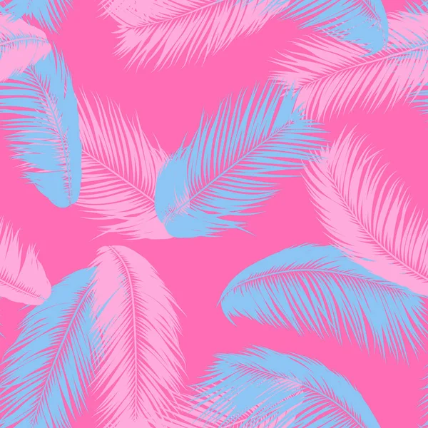 Feathers Seamless Pattern. Tropical Background. Jungle Foliage in Pastel Color Design. Abstract Exotic Wallpaper with Palm Leaves. Pink Feathers for Design, Cloth, Fabric, Textile. EPS10 Vector. — Stock Vector