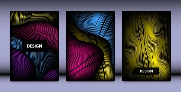 Géométrie. Résumé Ensemble de fond avec mouvement et effet de volume. Couvertures avec dégradé vibrant et lignes ondulées. Illustration futuriste tendance avec Distorsion. Géométrie abstraite pour Brochure, Entreprise . — Image vectorielle