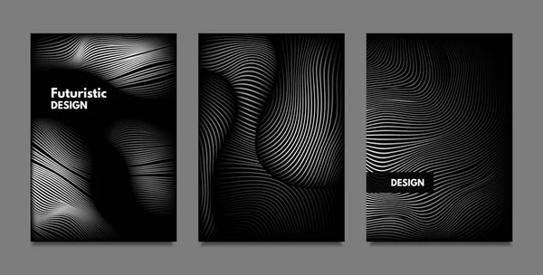 Verstoring van de lijnen. Abstracte achtergronden met levendige kleurovergang en golvende strepen. Monochroom Cover Sjablonen Set met Volume en Metallic Effect. Vervormde Shapes voor bedrijfspresentatie, Brochure. — Stockvector