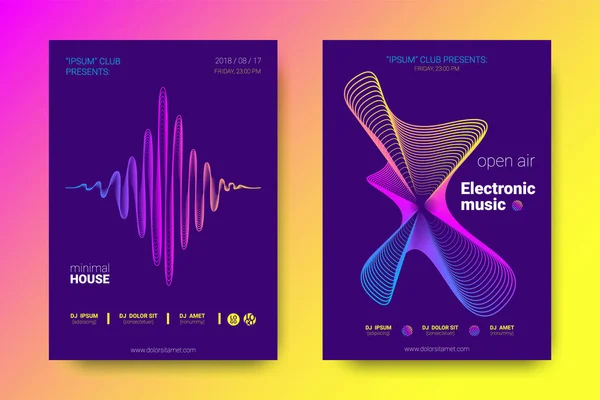 Muziek Posters met Equalizer en Wave kleurrijke vervormde regels. — Stockvector