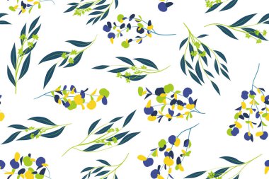 Okaliptüs vektör. Renkli Dikişsiz desen vektör yaprak, dal ve çiçek öğeleri ile. Düğün tasarım, kumaş, tekstil, zarif arka plan elbise. Okaliptüs vektör suluboya tarzında.