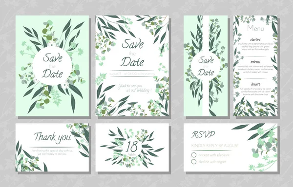 Cartões de casamento com eucalipto . —  Vetores de Stock