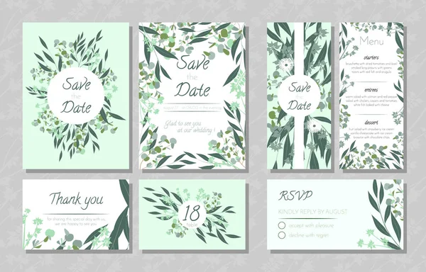 Cartões de casamento com eucalipto . — Vetor de Stock
