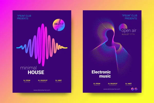 Music Posters with Equalizer and Wave Colorful Distorted Lines. — Stock Vector
